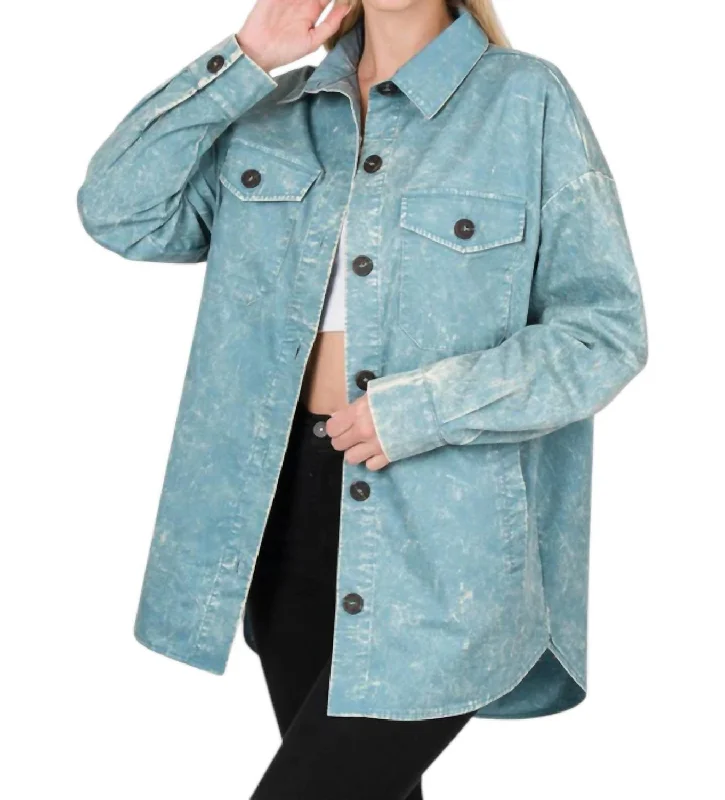 Oversized Vintage Washed Shacket In Blue Grey