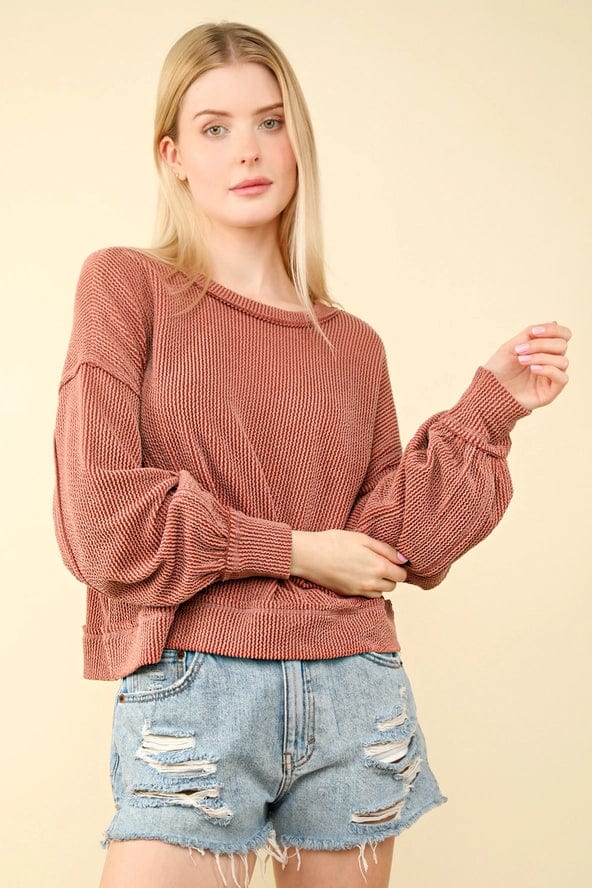 Rust Oversized Ribbed Long Sleeve Top