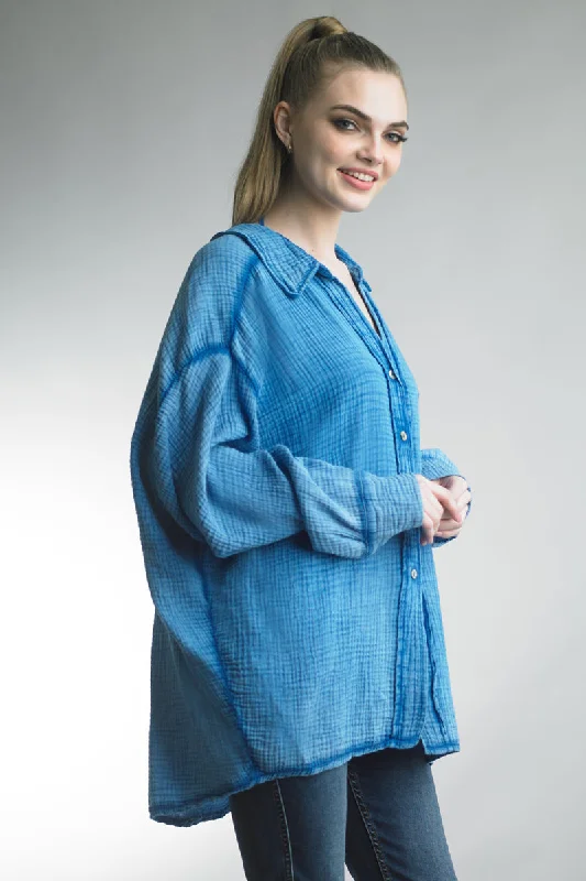 Tempo Paris Gauze Oversized Button Front Shacket In Blue