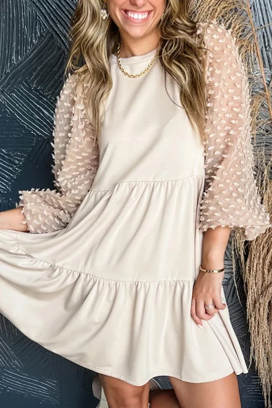 Beige Embellished Tiered Dress