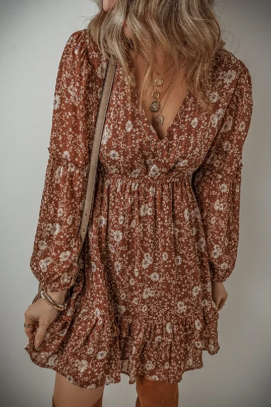 Heather Boho Brown Floral Ruffled Mini Dress