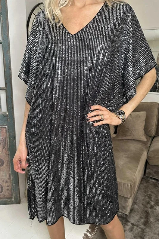 Dazzle Dark Grey Sequin Dolman Sleeve Dress