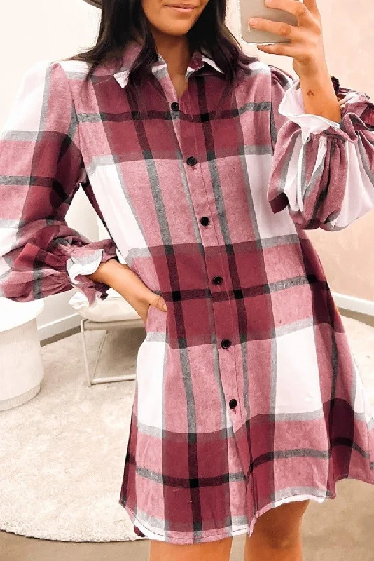 Plaid Ruffled Long Sleeve Shirt Dress