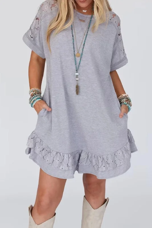 Ruffled Grey Lace Floral T-shirt Dress