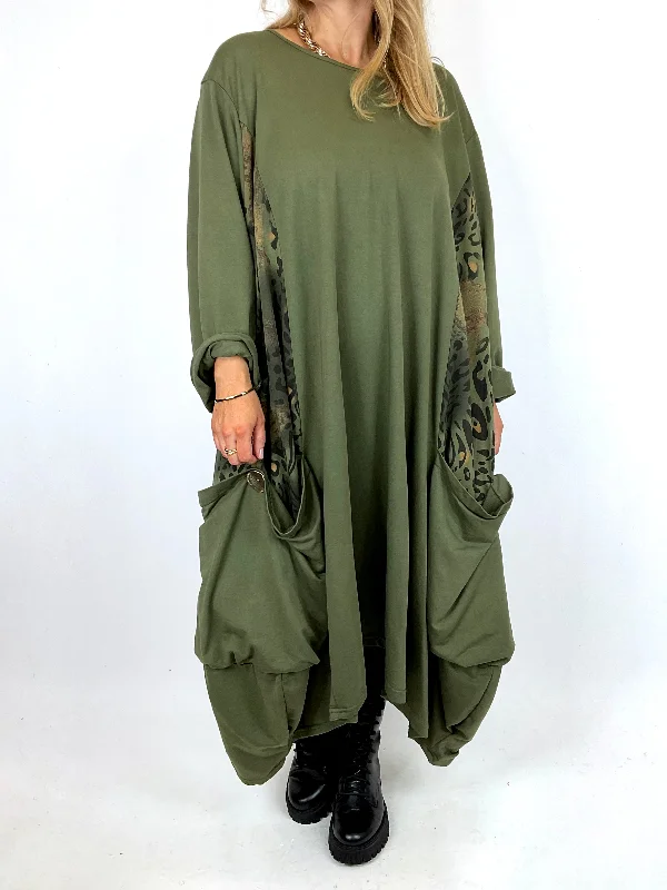 Made in Italy Lagenlook Luna Animal Panel Dress in Dark Olive. code 11363