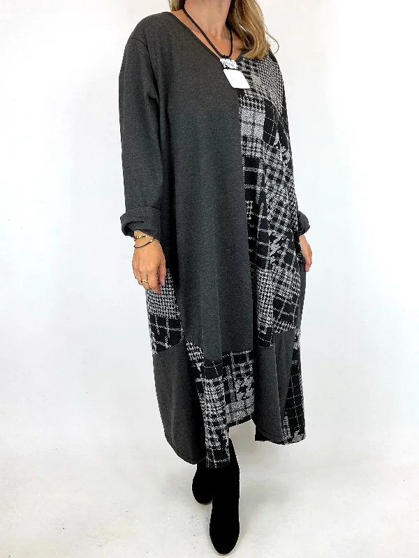 Made in Italy Lagenlook Sara Bold Check Dress in Charcoal. code 6506y