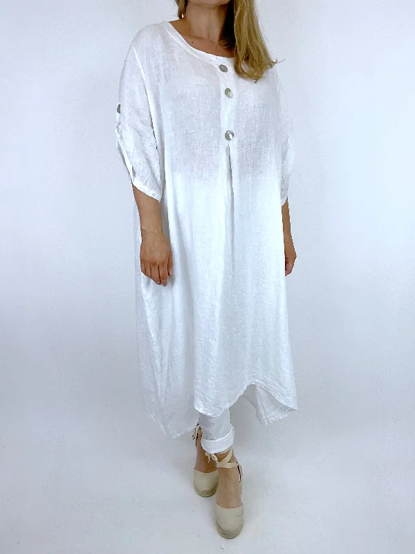 Made in Italy Lagenlook Wimslow Linen Button Dress in White. 91716