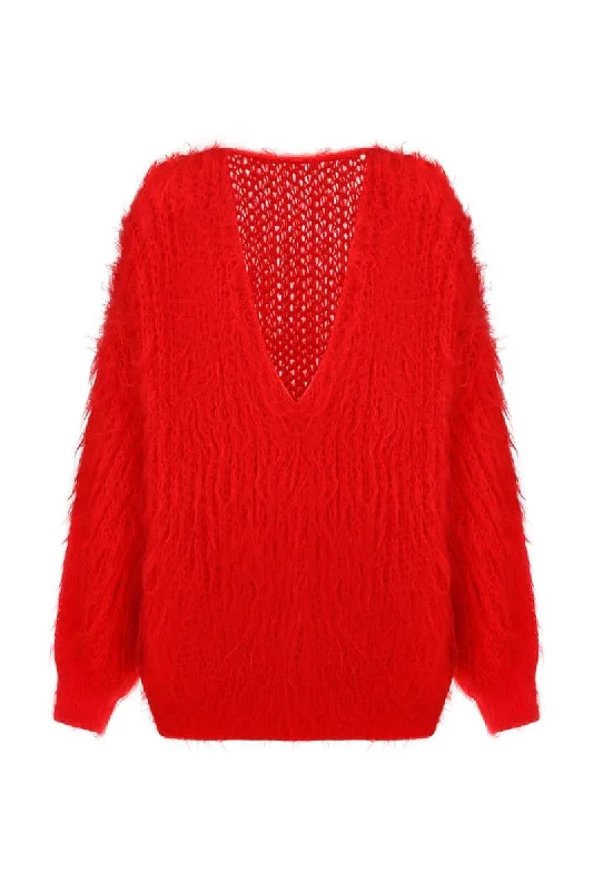 RED V-NECK KNITTED SWEATER DRESS