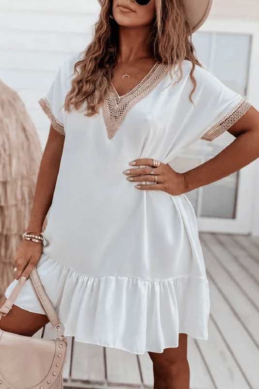 White Ruffled Lace Mini Dress