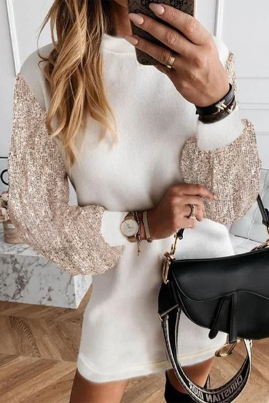 White Sequin Puff Sleeve Holiday Mini Dress