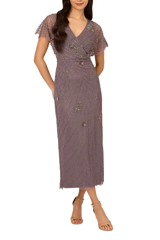 Adrianna Papell Beaded Ankle Length Dress With Sheer Flutter Sleeves Dress