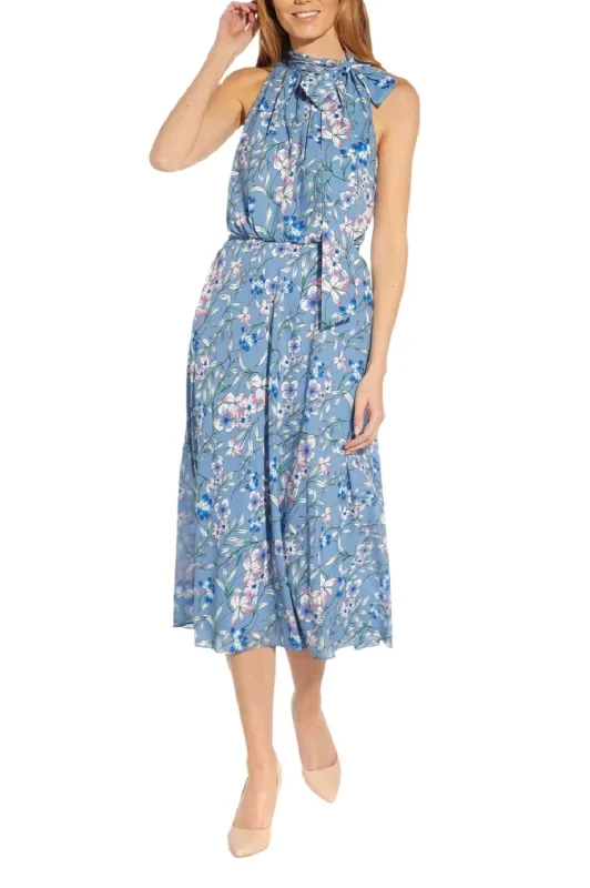 Adrianna Papell Tie Halter Neck Sleeveless Blouson Floral Print Fit & Flare Chiffon Dress