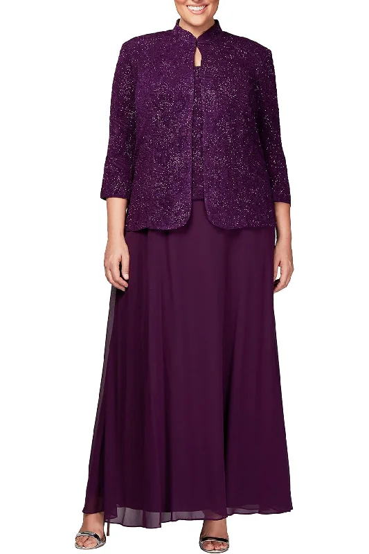 Alex Evenings Scoop Neck 3/4 Sleeve Jacquard Glitter Embellished Chiffon Skirted 2-Piece Jacket Dress (Plus Size)