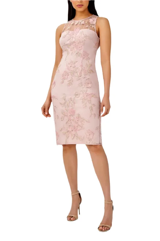 Adrianna Papell Illusion Round Neck Sleeveless Hook & Eye & Zipper Closure Floral Embroidered Mesh Dress