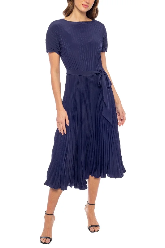 Marina Crew Neck Short Sleeve Fit & Flare Pleated Midi Dress