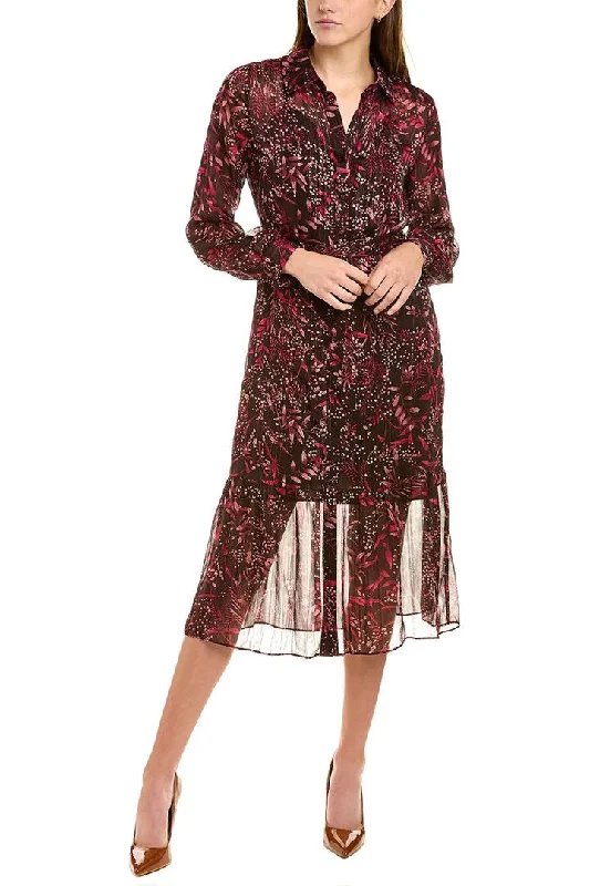 Nanette Lepore Collared Long Sleeve Barbell Cuffs Button Front Multi Print Metallic Tie Waist Chiffon Shirt Dress