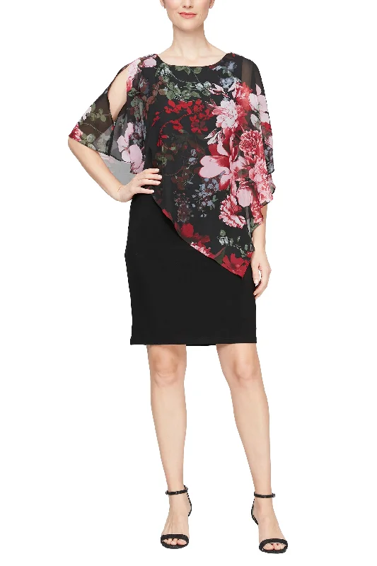 SL Fashion Boat Neck Embellished Shoulder Asymmetrical Multi Print Chiffon Overlay Jersey Dress